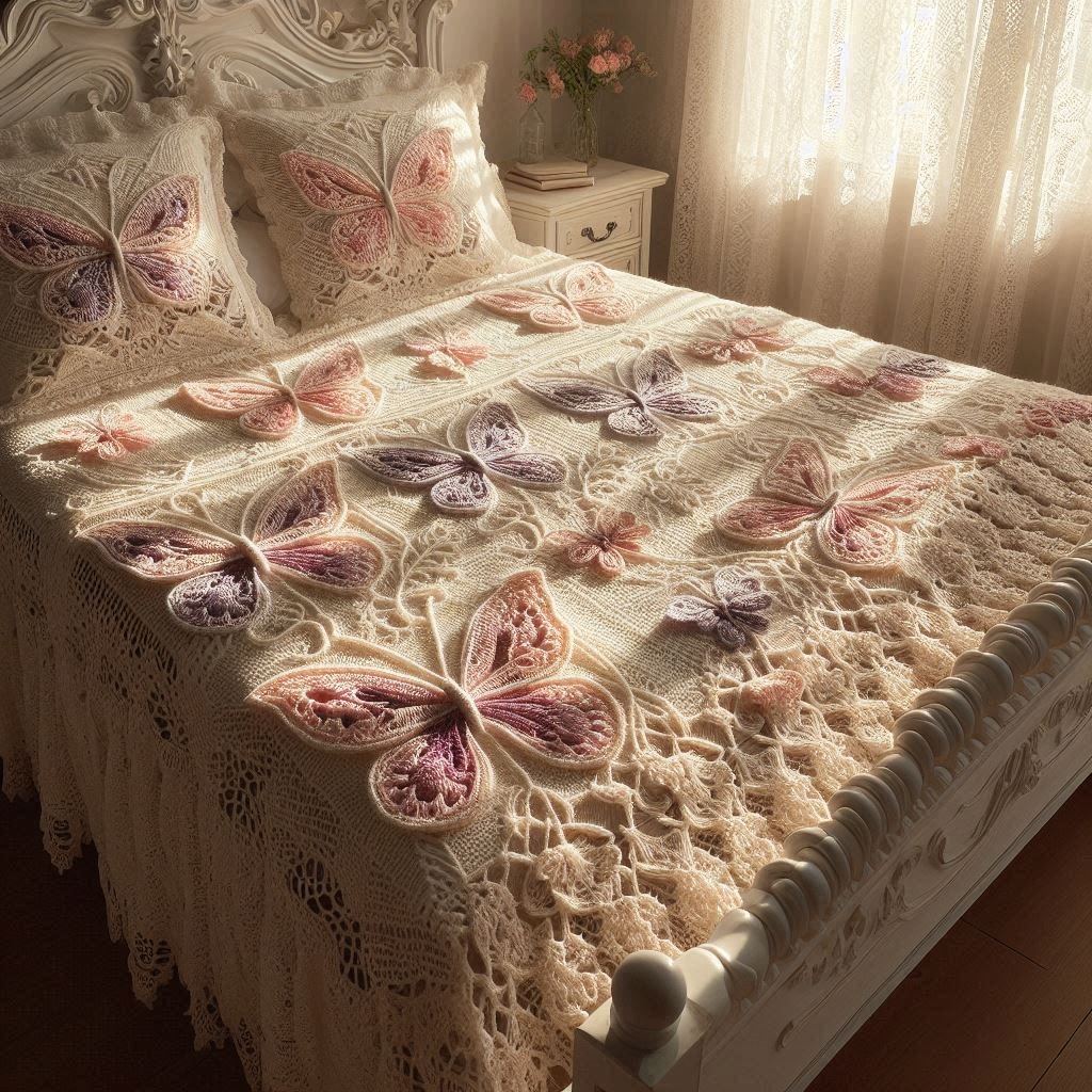 Crochet bedspread with butterflies and soft pastel floral motifs.