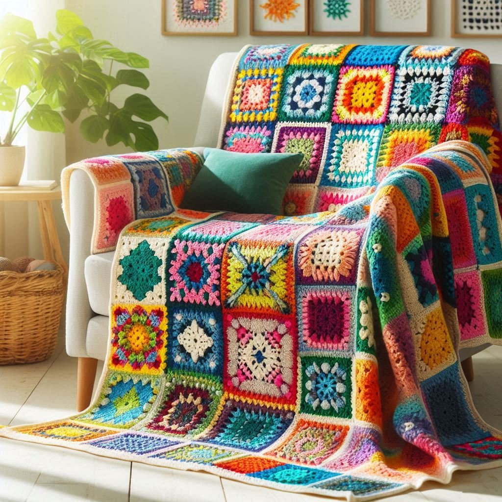 Bright crochet granny square blanket in multiple colors on a bed.