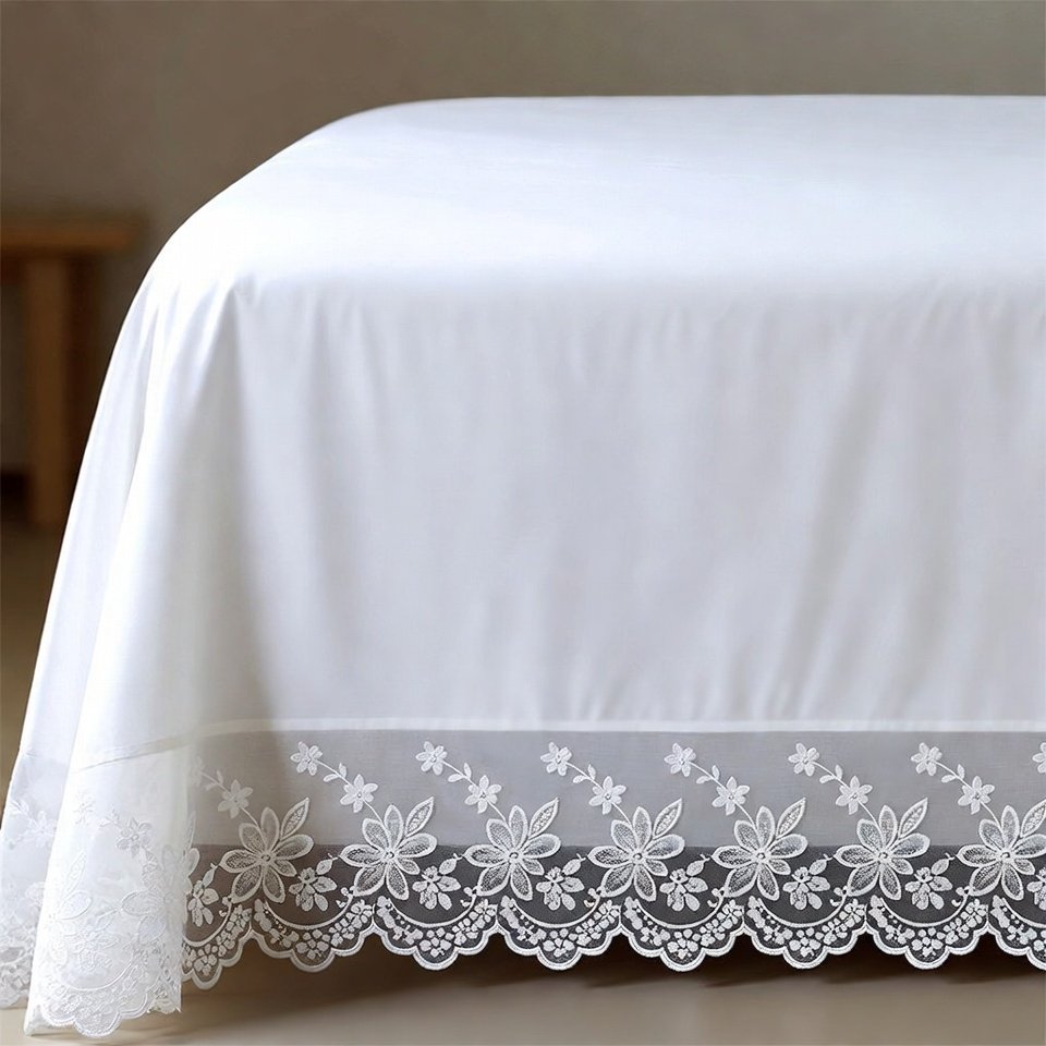White cotton bed sheet with floral lace borders for a soft, elegant bedroom look.