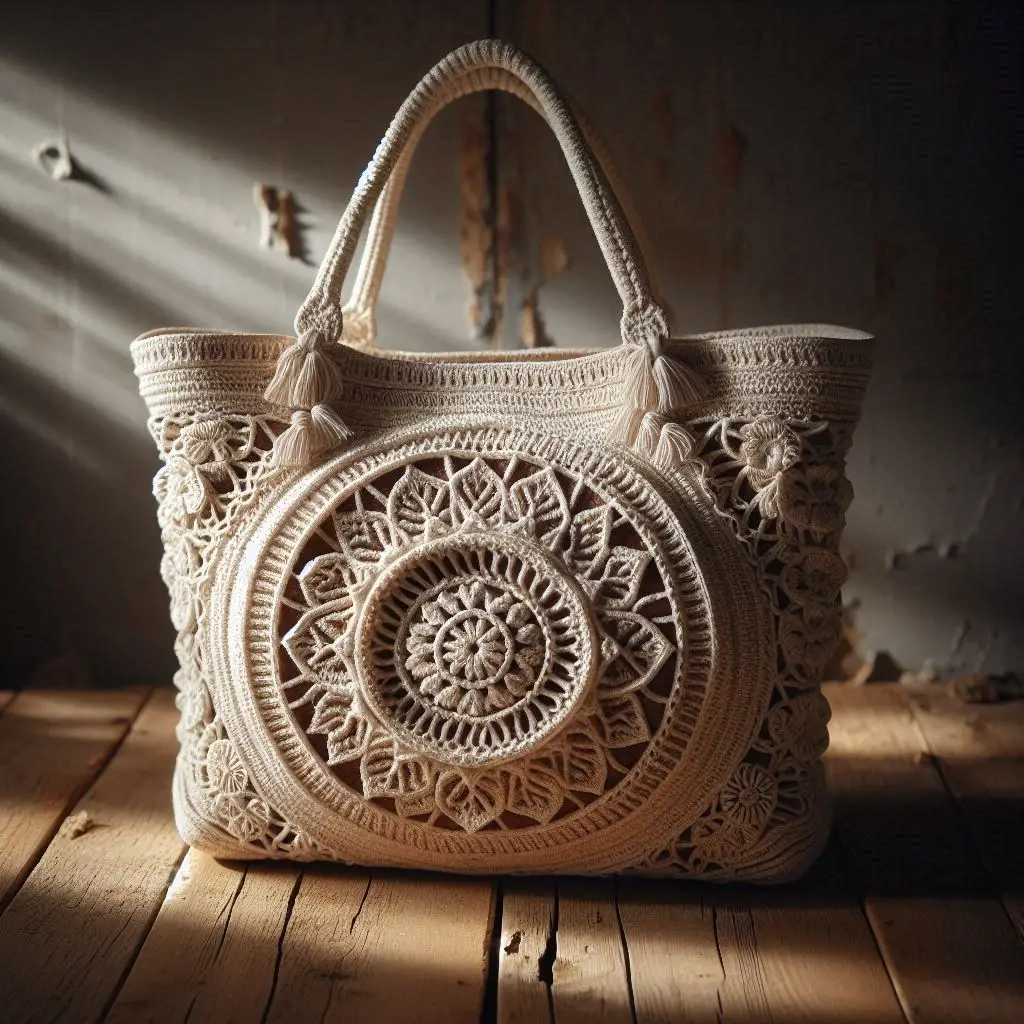 “Handmade ivory boho crochet tote bag with mandala design photographed on wooden surface.”