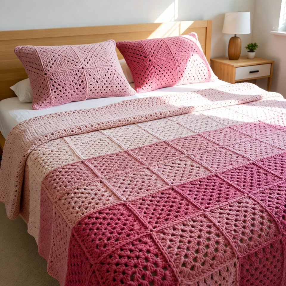 Pastel pink ombre crochet bed sheet with granny squares fading from baby pink to rose, draped on a wooden bed in a bright bedroom.