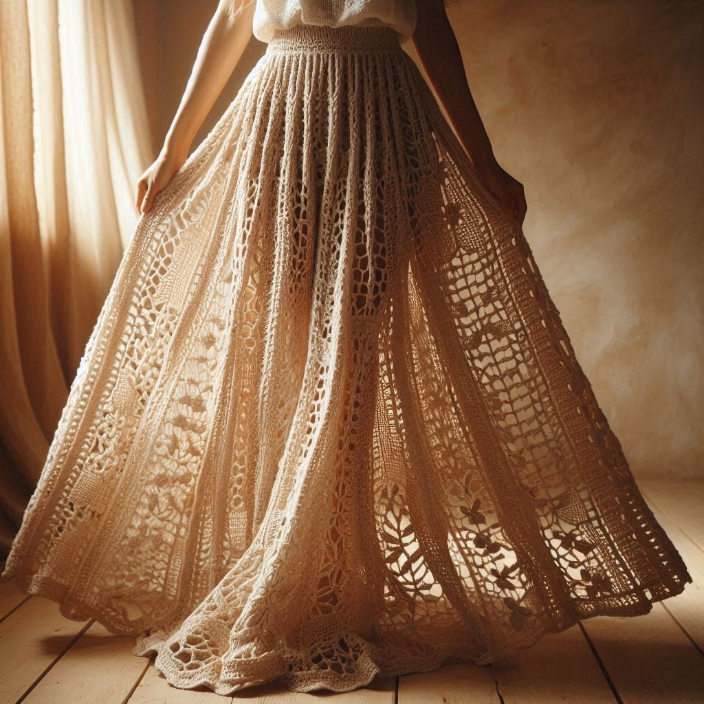 “Handmade crochet high-waisted mini skirt with tight structured stitches.”