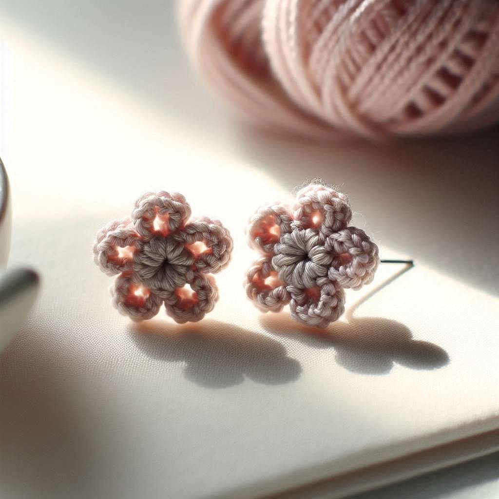 Handmade crochet mini flower stud earrings in pastel colors with detailed petals."