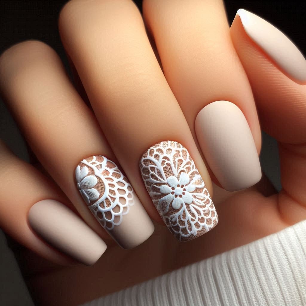 White crochet doily accent nail with delicate lace pattern on nude base