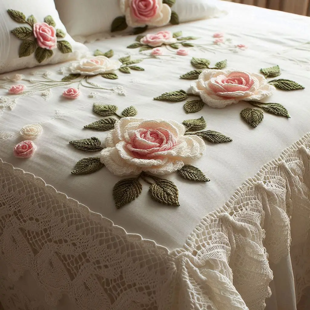 Soft pink crochet rose bouquet bed sheet featuring delicate handcrafted floral patterns.
