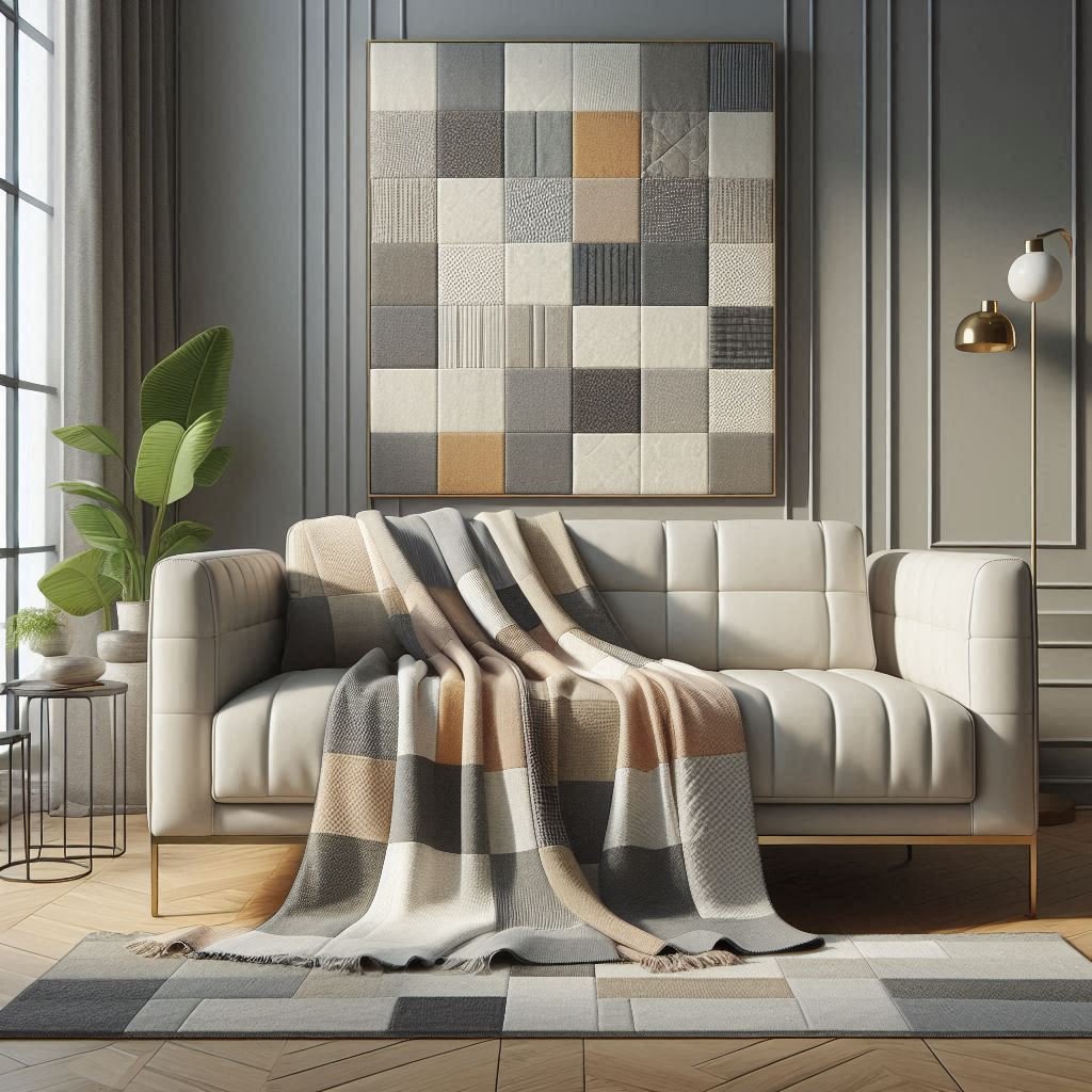 Checker-style crochet patchwork blanket in neutral colors.