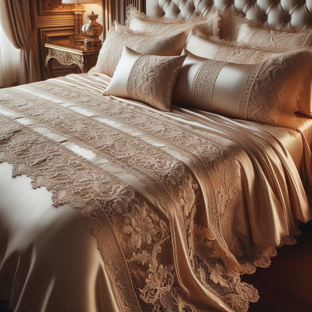Silk bed sheet with vertical lace panels for a royal, glossy finish.