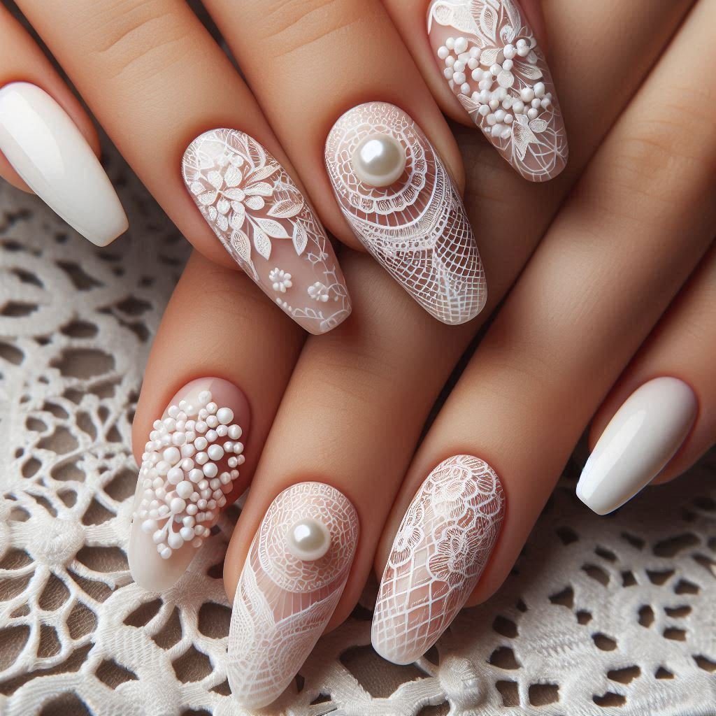 Pearl-accented crochet lace doily nails for wedding manicure