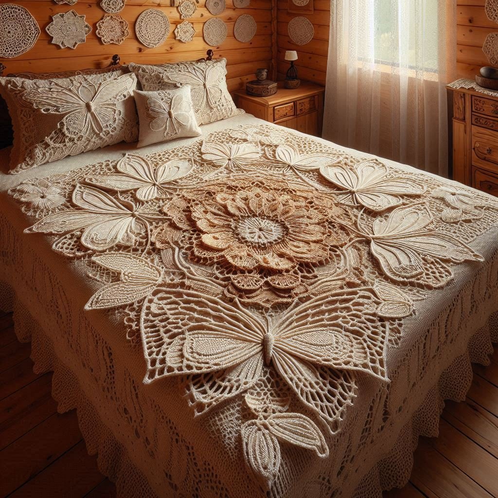 Butterfly clusters surrounded by rose-style floral motifs.