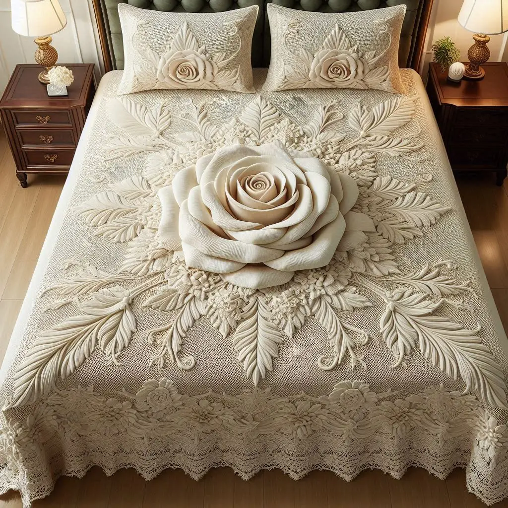 Soft lavender crochet bed sheet decorated with delicate lavender roses and leafy lace patterns.