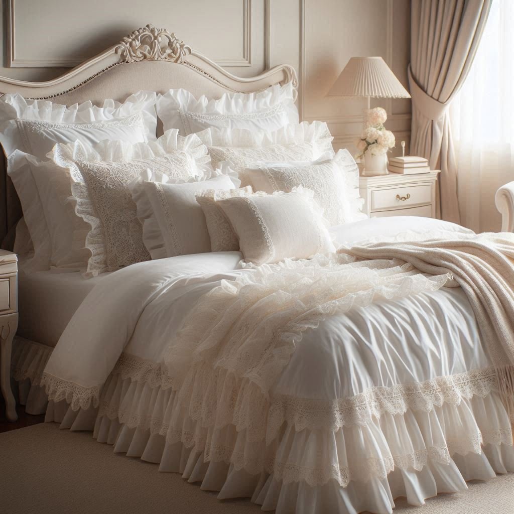 White cotton bed sheet with ruffled lace borders for a vintage touch.
