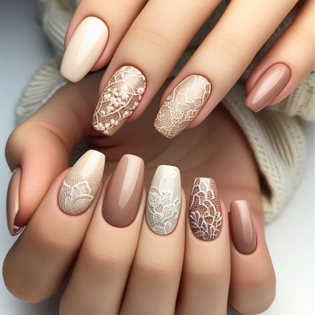 Cream latte-colored nails with soft crochet lace accents