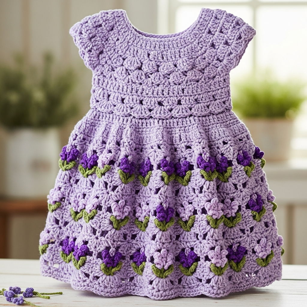 “Pastel purple crochet dress with embroidered lavender sprigs and a textured bodice.”