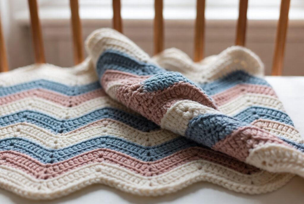 “Handmade crochet ripple baby blanket in soft pastel colors placed on a crib.”