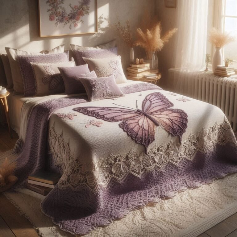Lavender-themed butterfly lace crochet bed sheet.