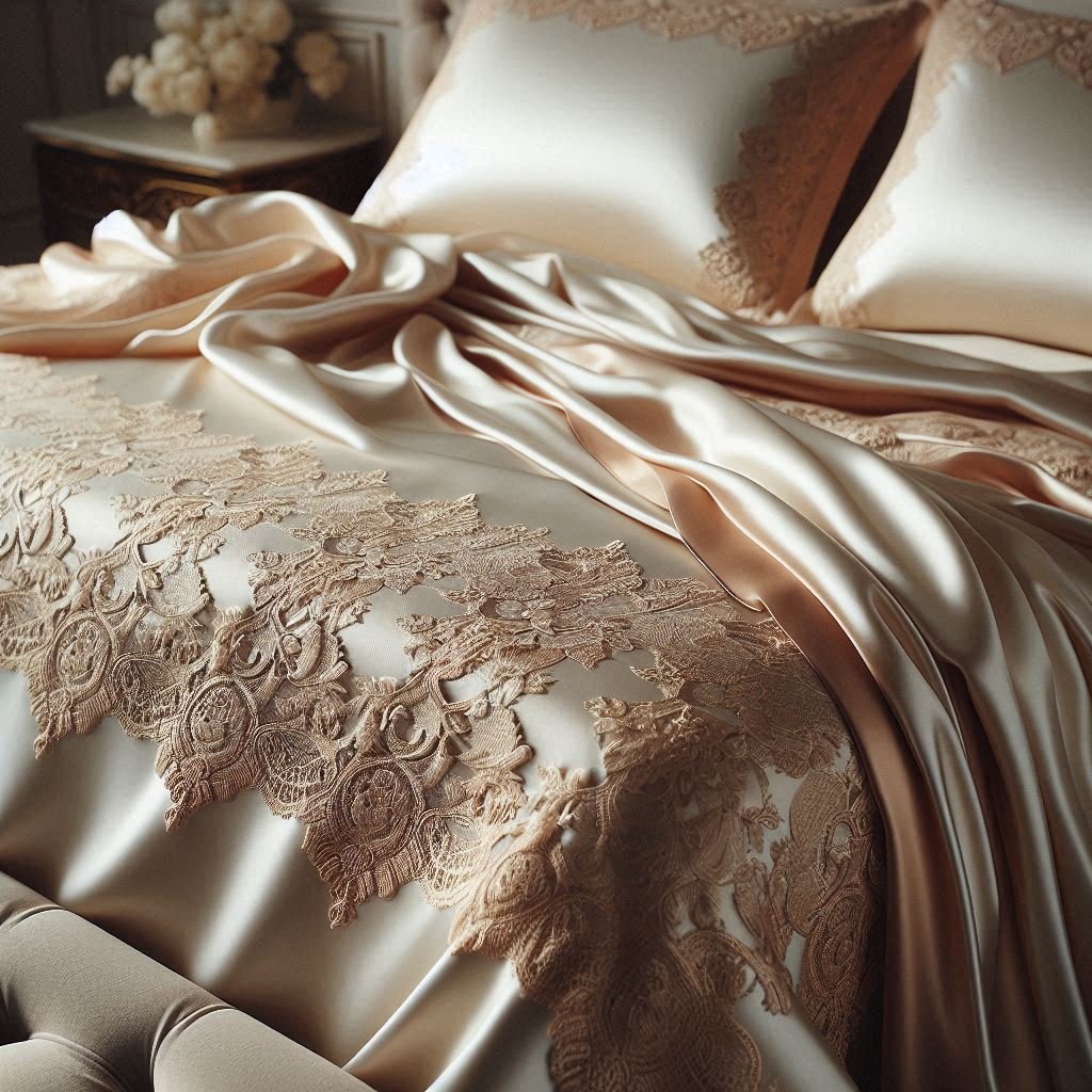 Beige satin bed sheet bordered with elegant lace trim.