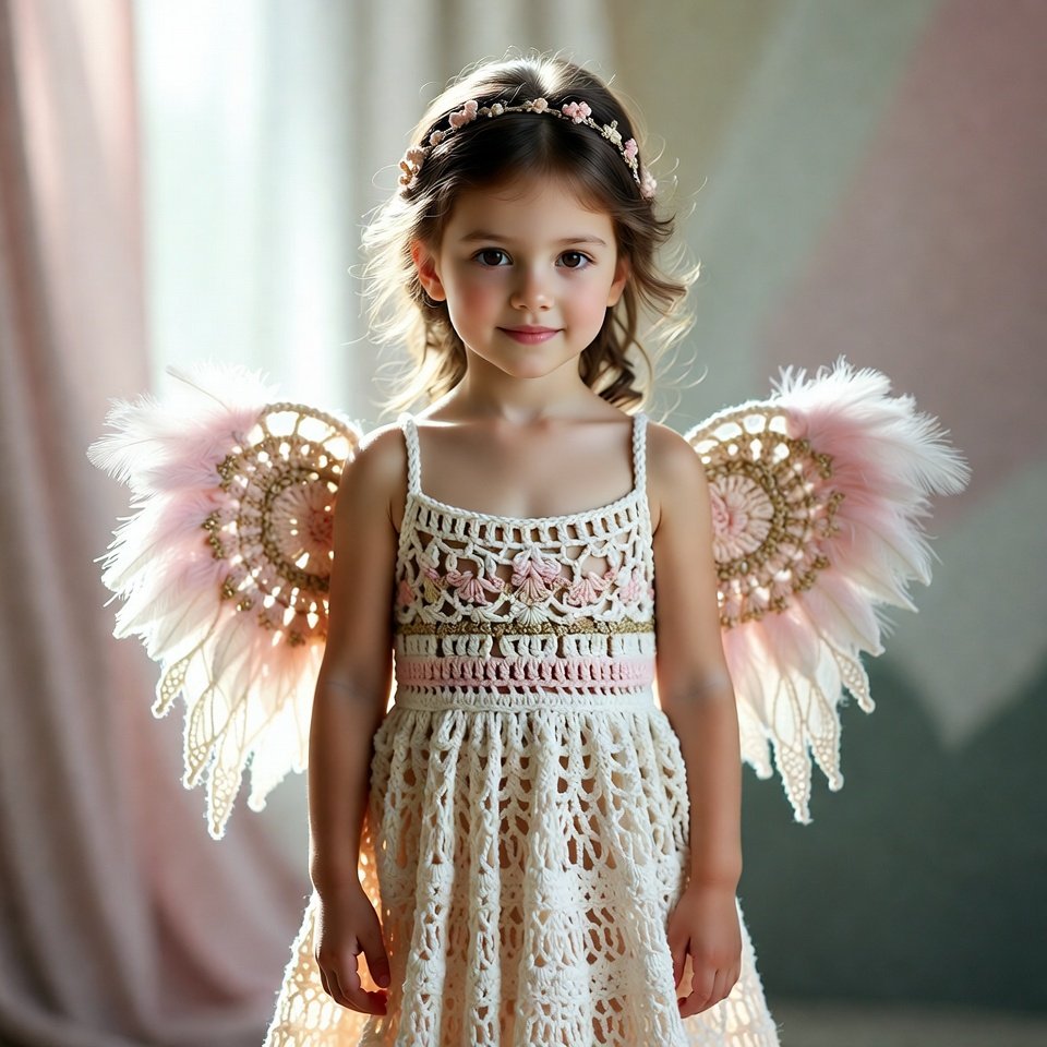 “White crochet dress with angel-wing ruffle sleeves and a pastel skirt.”