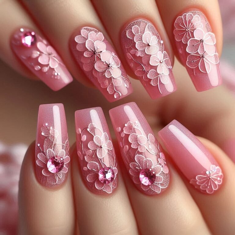 Sakura pink nails with white crochet lace floral patterns
