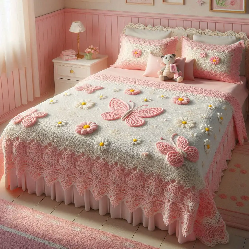 Light pink bedspread with daisy and butterfly motifs.