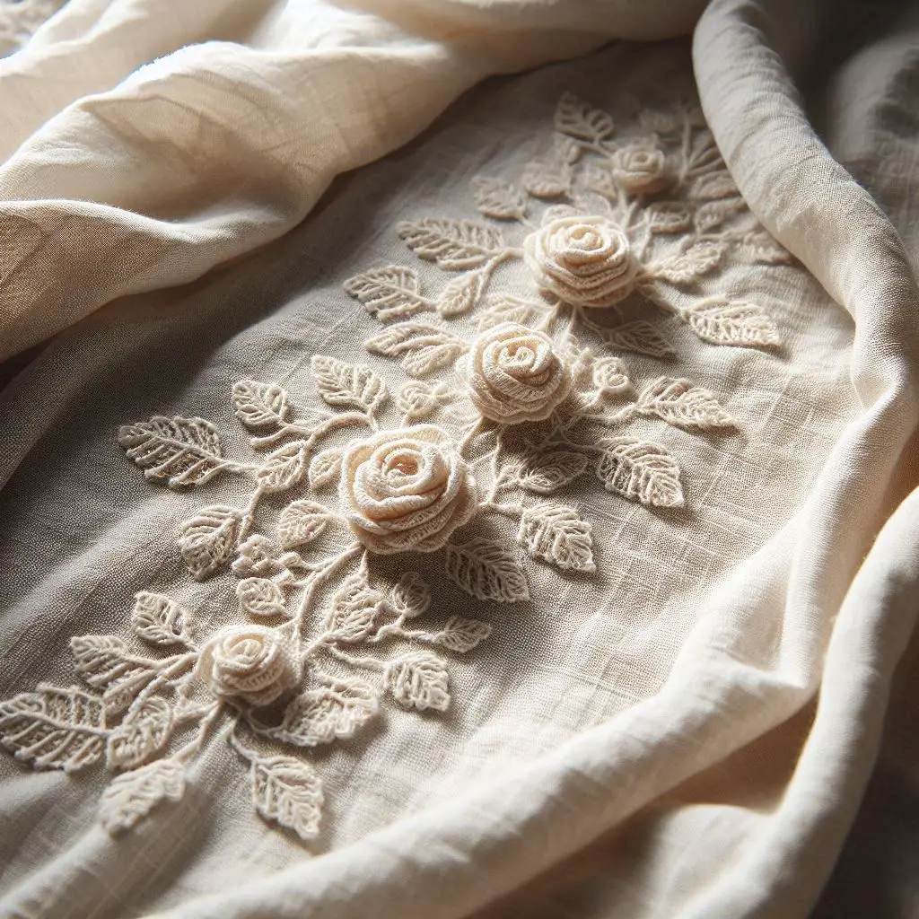 Blush pink crochet bed sheet featuring a cascading arrangement of roses across the top.