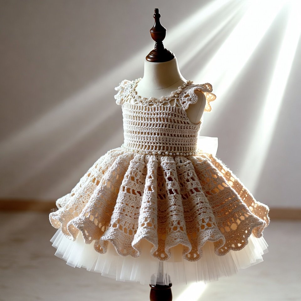 “Cream-colored crochet party dress with pearl edging and lace skirt.”