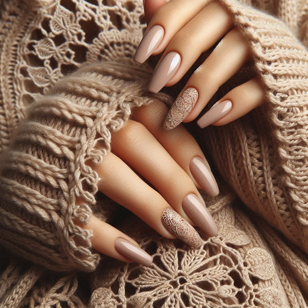 Beige knitted sweater texture nails paired with white lace crochet design