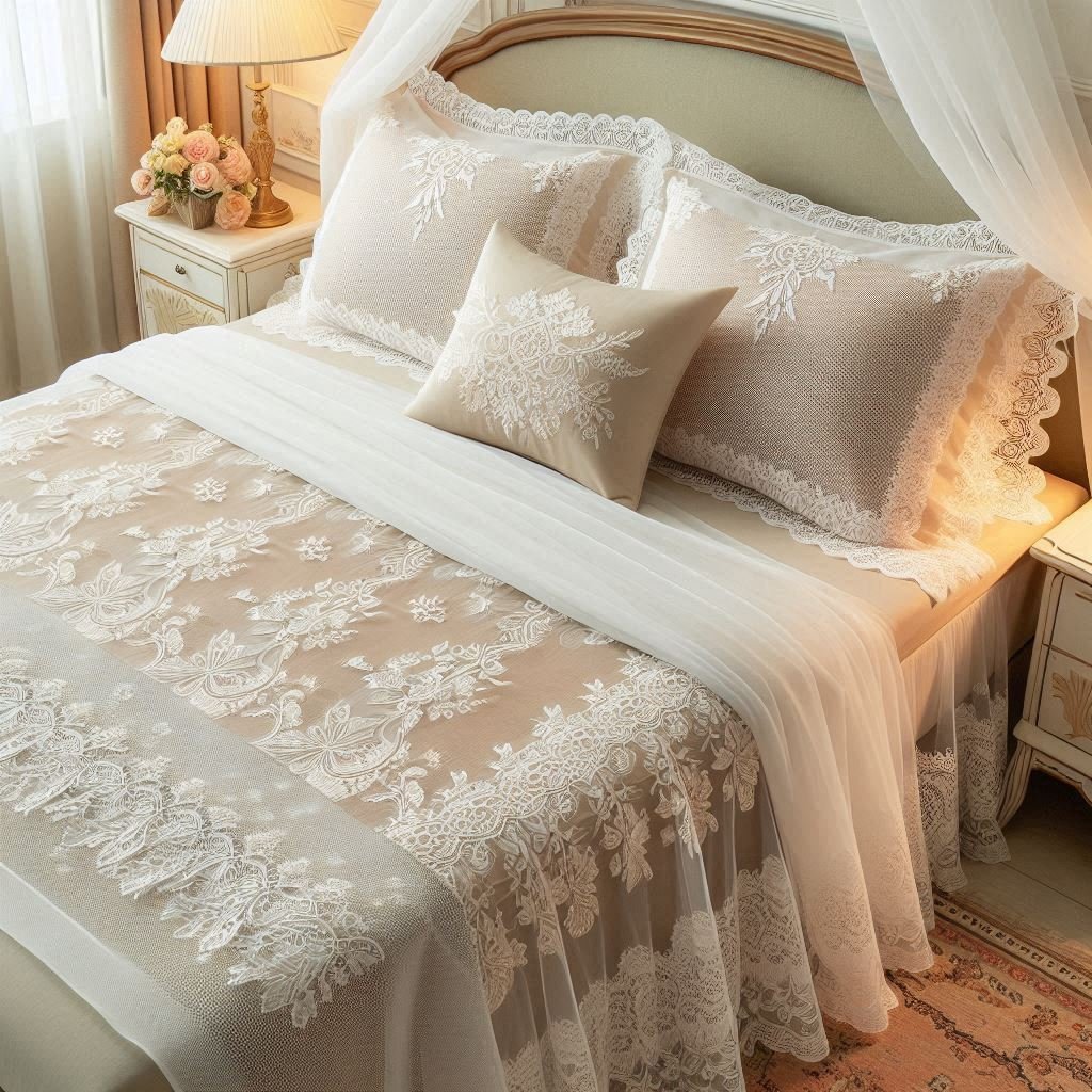 Sheer lace overlay over solid cotton base bed sheet.