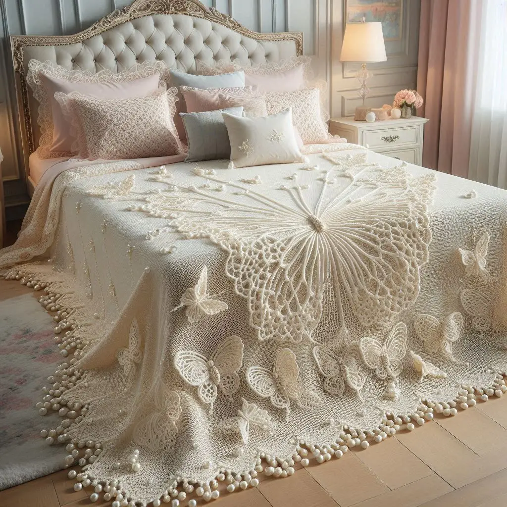 Cream lace crochet bedspread with pearl-detailed butterfly centers.