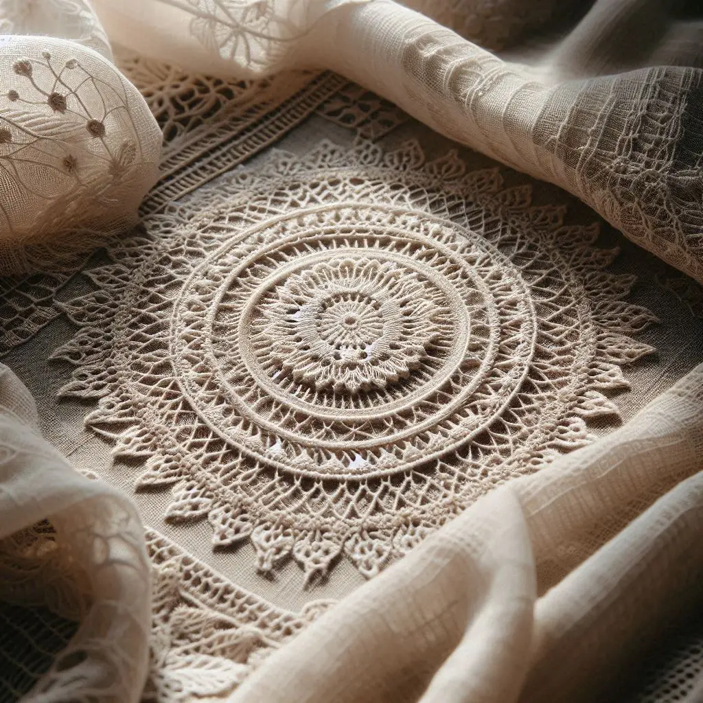 Handwoven lace stitched over natural fabric bed sheet.