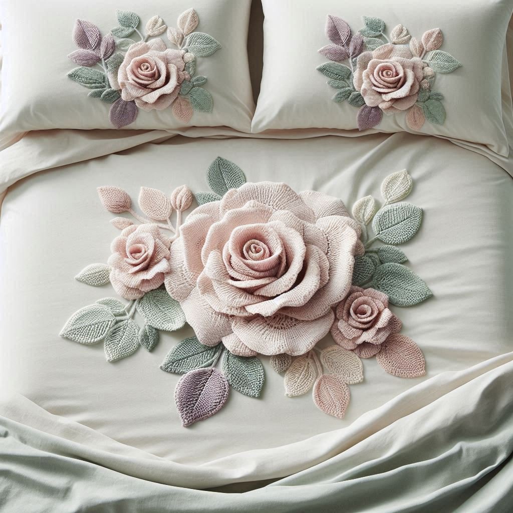 Blush pink crochet bed sheet featuring a cascading arrangement of roses across the top.