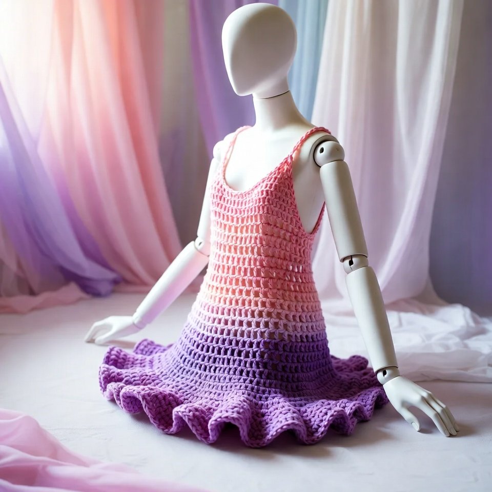 “Pastel ombre crochet dress transitioning between soft pink, yellow, and blue.”