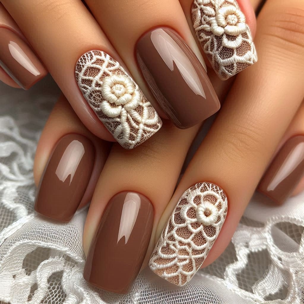 Brown nails with white crochet lace doily patterns, autumn aesthetic nails