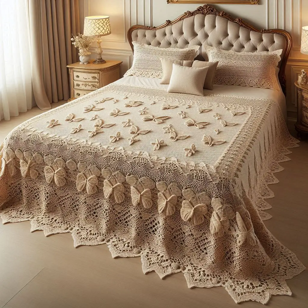 Large king-size butterfly and floral motif crochet sheet.
