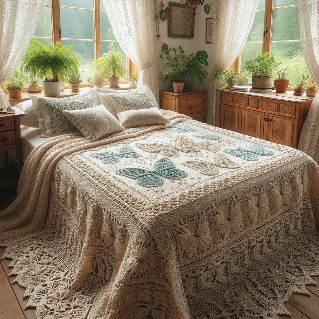 Cotton crochet bedspread with alternating butterfly and flower patterns.
