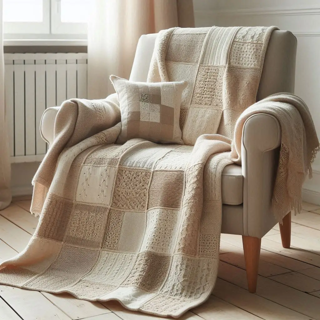 Neutral beige crochet patchwork throw on a cream bed.