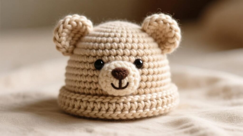 “Crochet teddy bear baby hat with round bear ears made from beige yarn.”