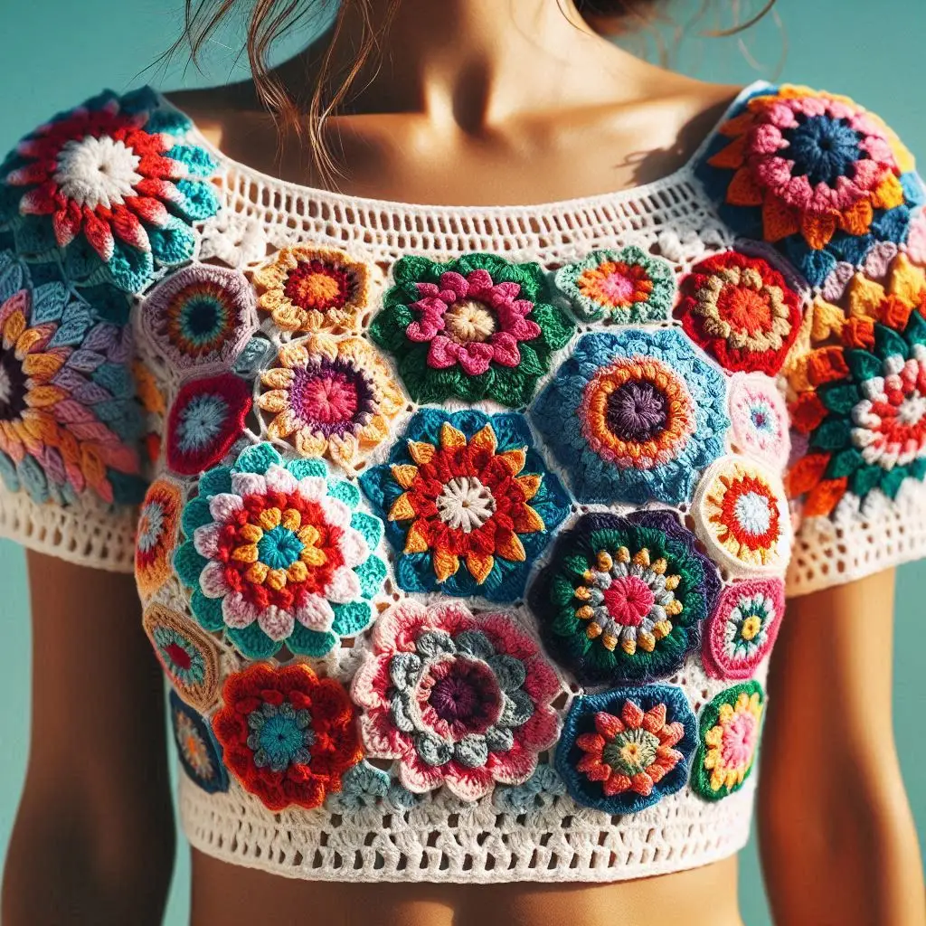 Colorful floral granny square crochet crop top laid flat, showing detailed handmade texture.