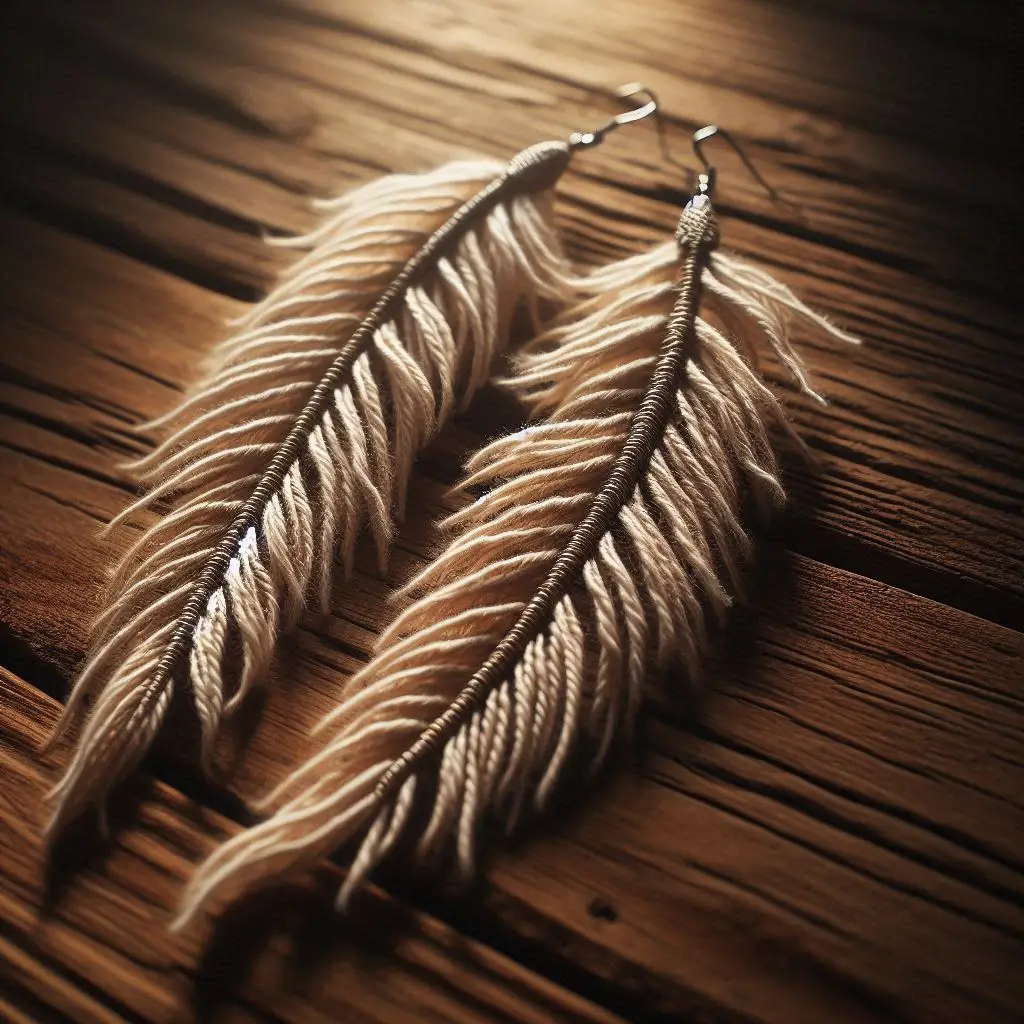 Handcrafted crochet feather earrings with delicate thread strands and boho detailing."