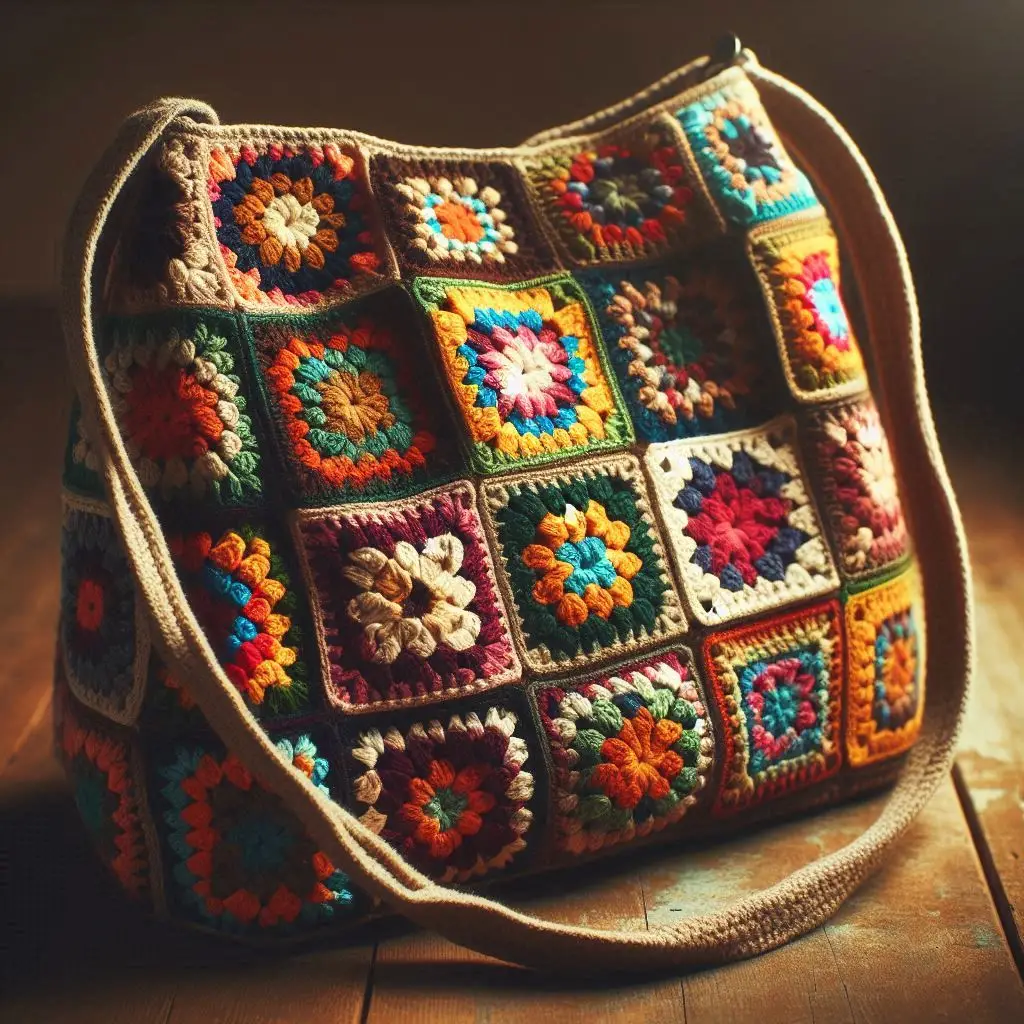 “Colorful granny square crochet shoulder bag with long strap.”
