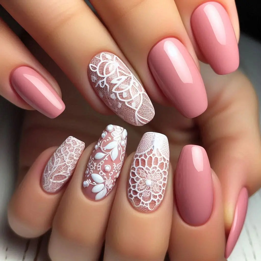 Blush pink nails with white crochet lace doily designs, soft feminine nail art