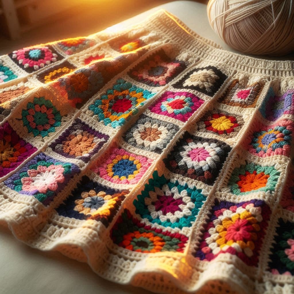 “Colorful granny square crochet skirt with realistic handmade yarn texture.”
