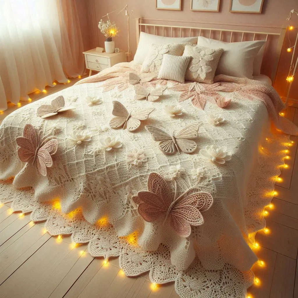 3D butterfly motifs over floral crochet lace texture.