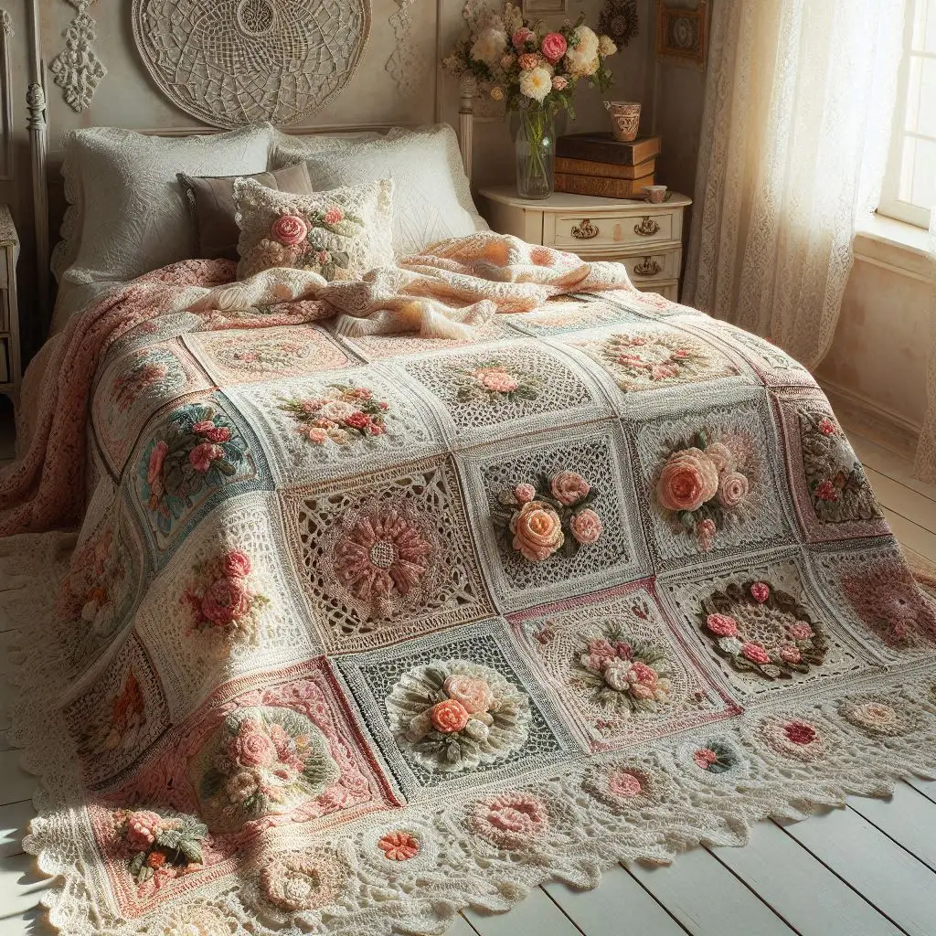 Crochet floral patchwork blanket with soft pastel tones.