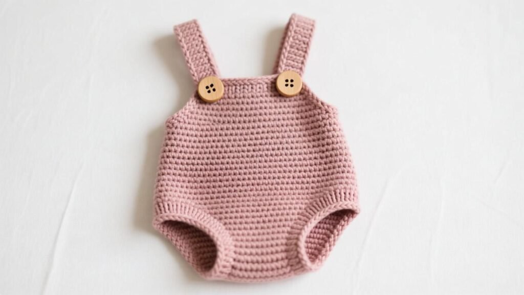 “Handmade crochet baby romper in dusty rose with wooden button straps.”