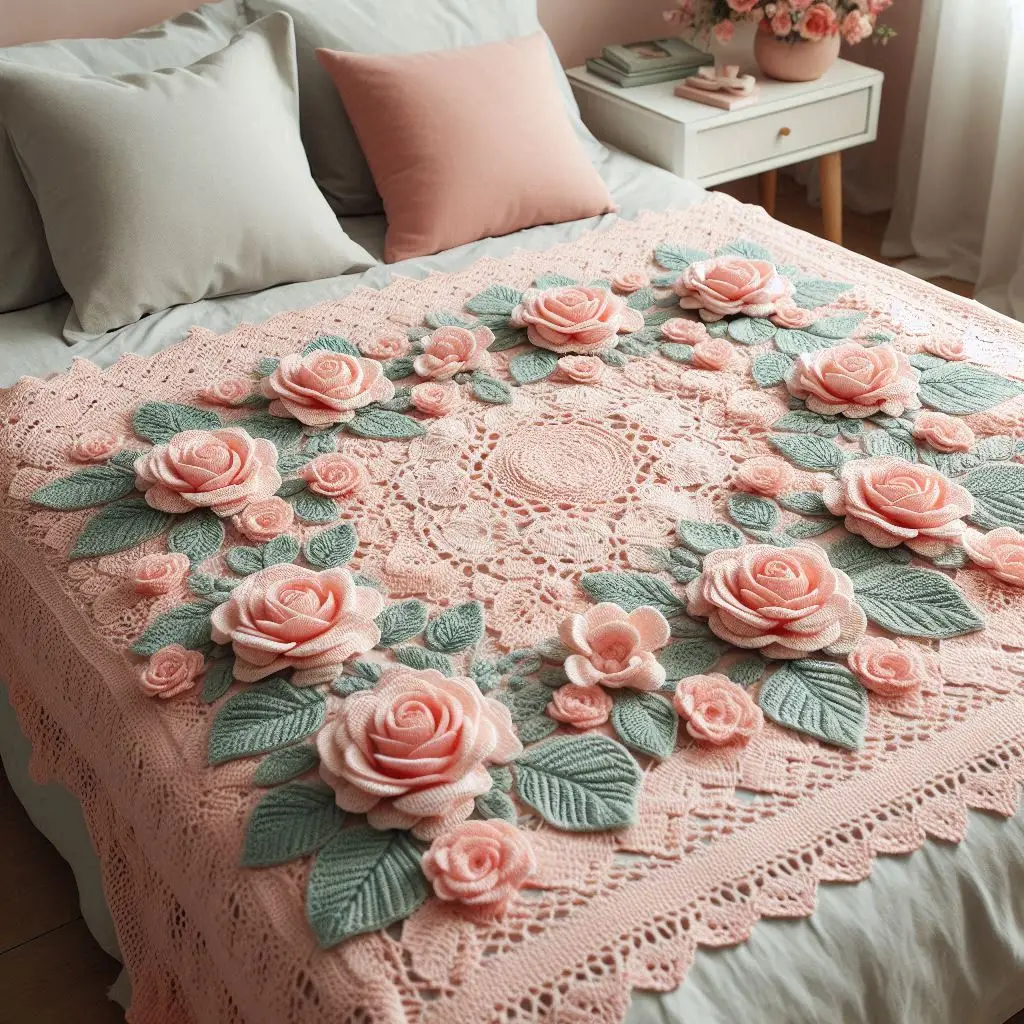 Pastel pink crochet rose and leaf bedspread with soft floral patterns and delicate stitching.