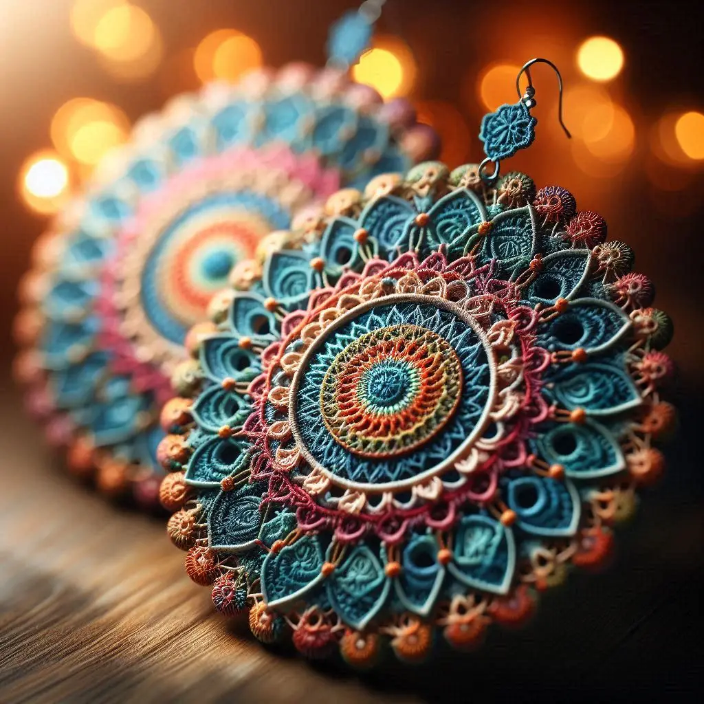 Colorful handmade mandala crochet earrings with detailed circular patterns."