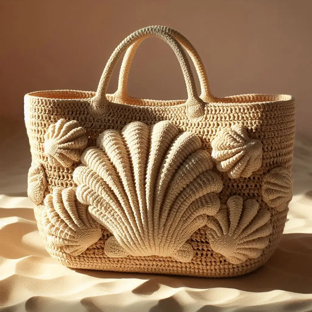 “Beige shell stitch crochet beach bag on outdoor surface.”