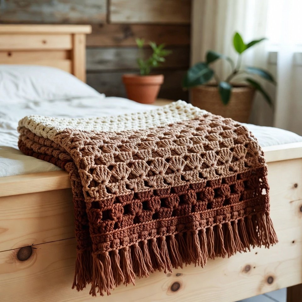 to Brown lacy ombre crochet bed sheet with shell stitches and fringe, folded on a rustic farmhouse bed with plants.