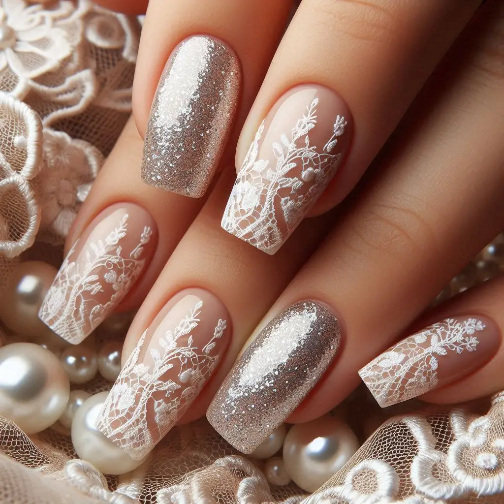 Nude nails with glitter lace doily overlay sparkling finish