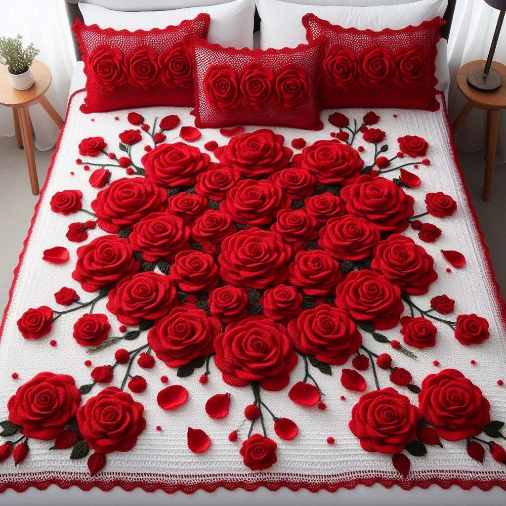Crochet bed sheet featuring clusters of red roses and intricate crochet lacework.